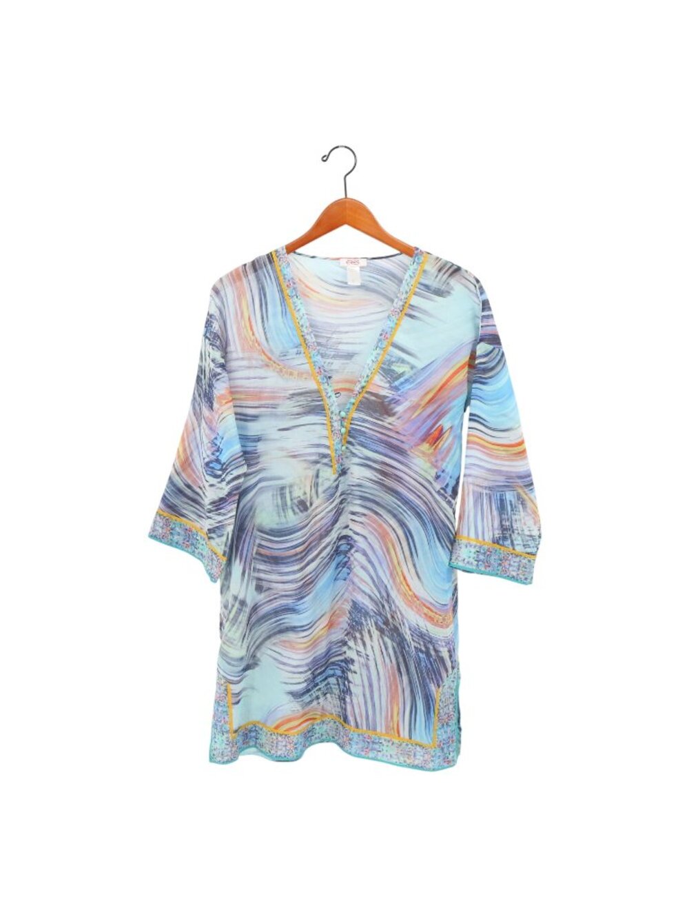 Eres Printed V-Neck Kaftan Tunic Mini Dress Beach Swim Coverup M L